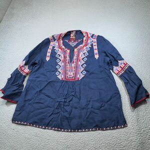 Johnny Was Blouse Womens Small Blue Embroidered Peasant Top Boho‎ Ethnic Bib